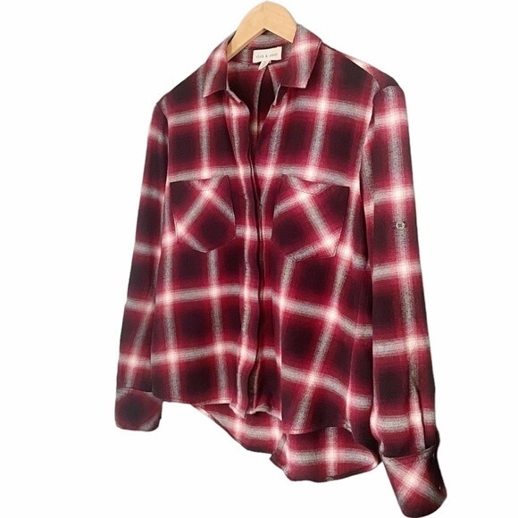 Anthropologie Cloth & Stone Cranberry Plaid Flannel Button Front Blouse Size XS - Picture 9 of 14